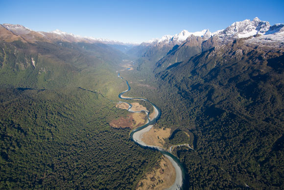 The Hollyford River snakes through the alps
