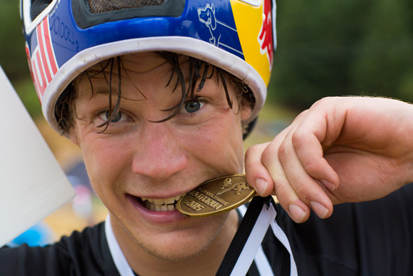 Martin Soderstrom checking his gold medal