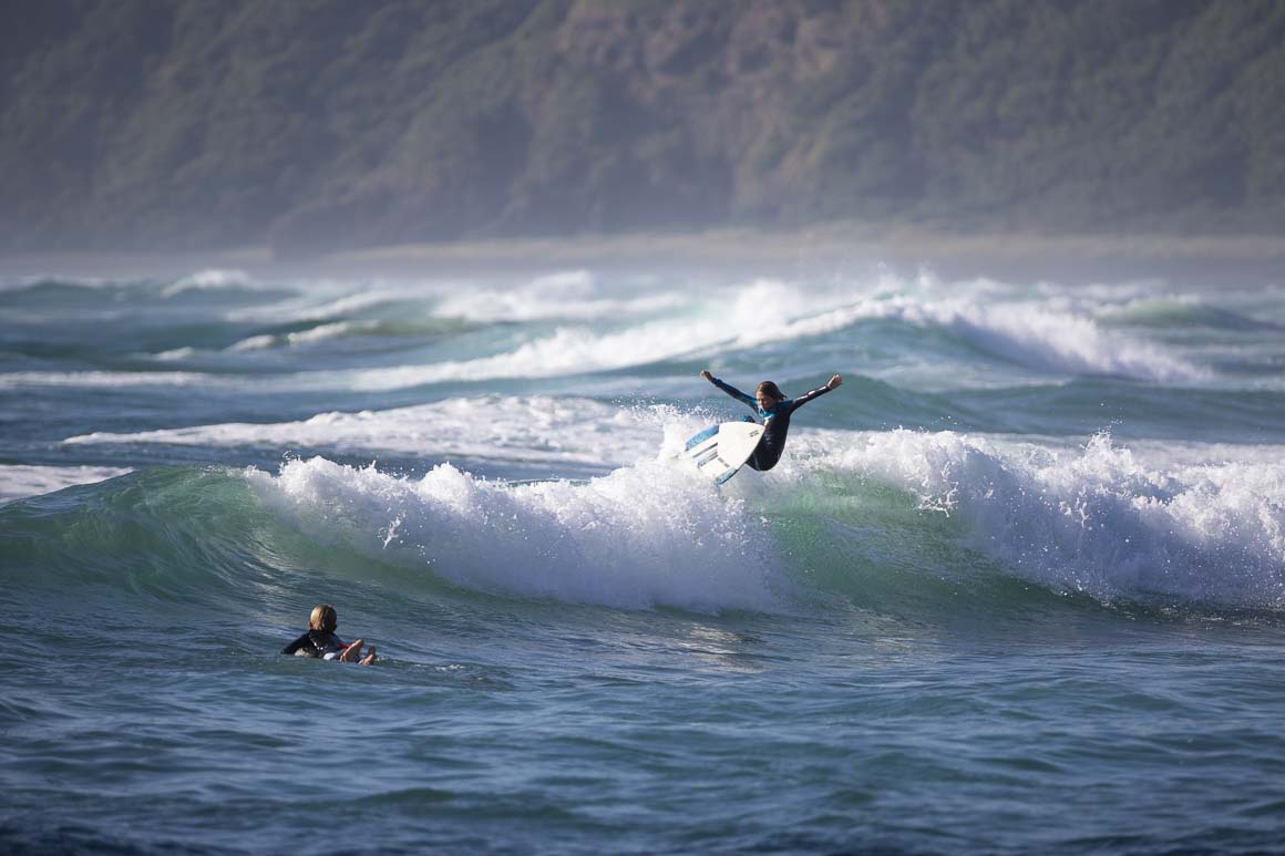Zeke, 9, ripping at Piha